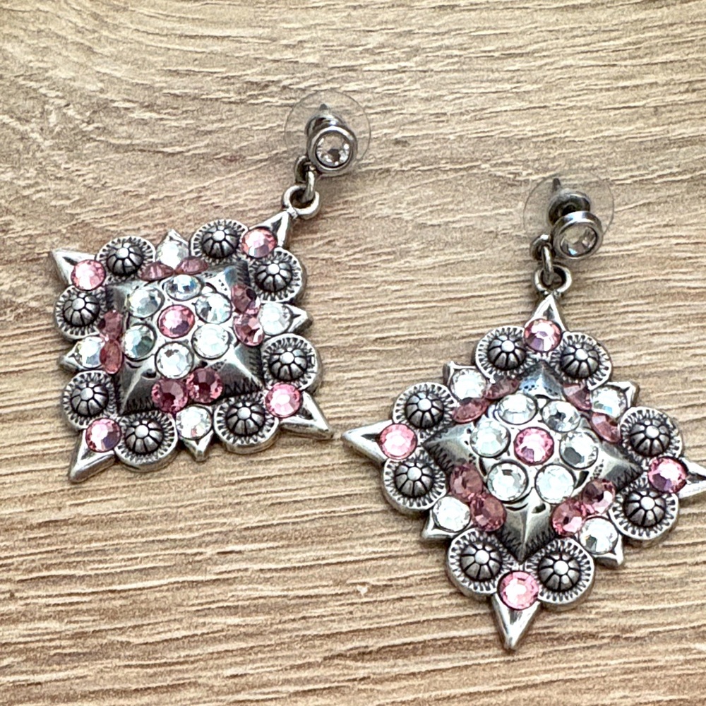 Beautiful well-made, pink and silver dangle earrings